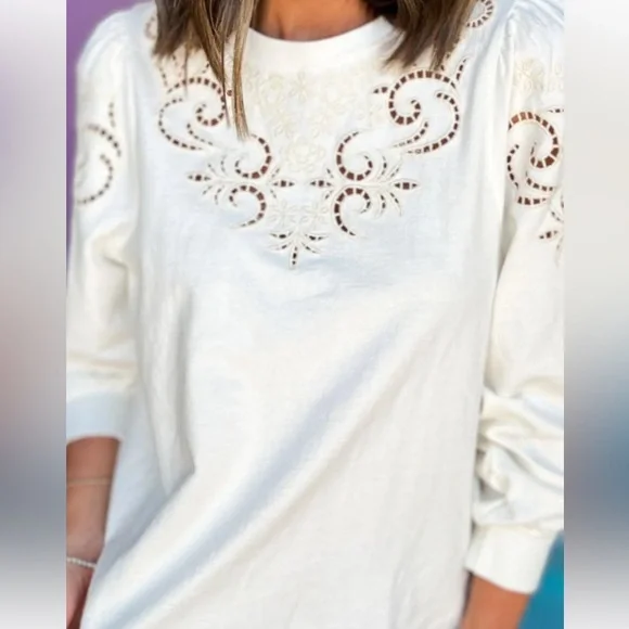 BNWT Fate Off White Cream Embroidered Eyelet  Women's Top, Sz Xsmall - Picture 8 of 12